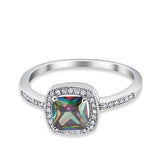 Halo Accent Engagement Ring Simulated Rainbow CZ 925 Sterling Silver
