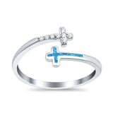 Cross Ring Sideways Round Eternity Lab Created Blue Opal 925 Sterling Silver