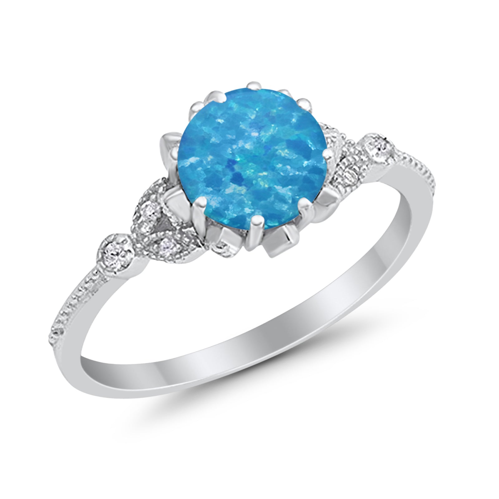 Art Deco Design Fashion Ring Lab Created Light Blue Opal 925 Sterling Silver