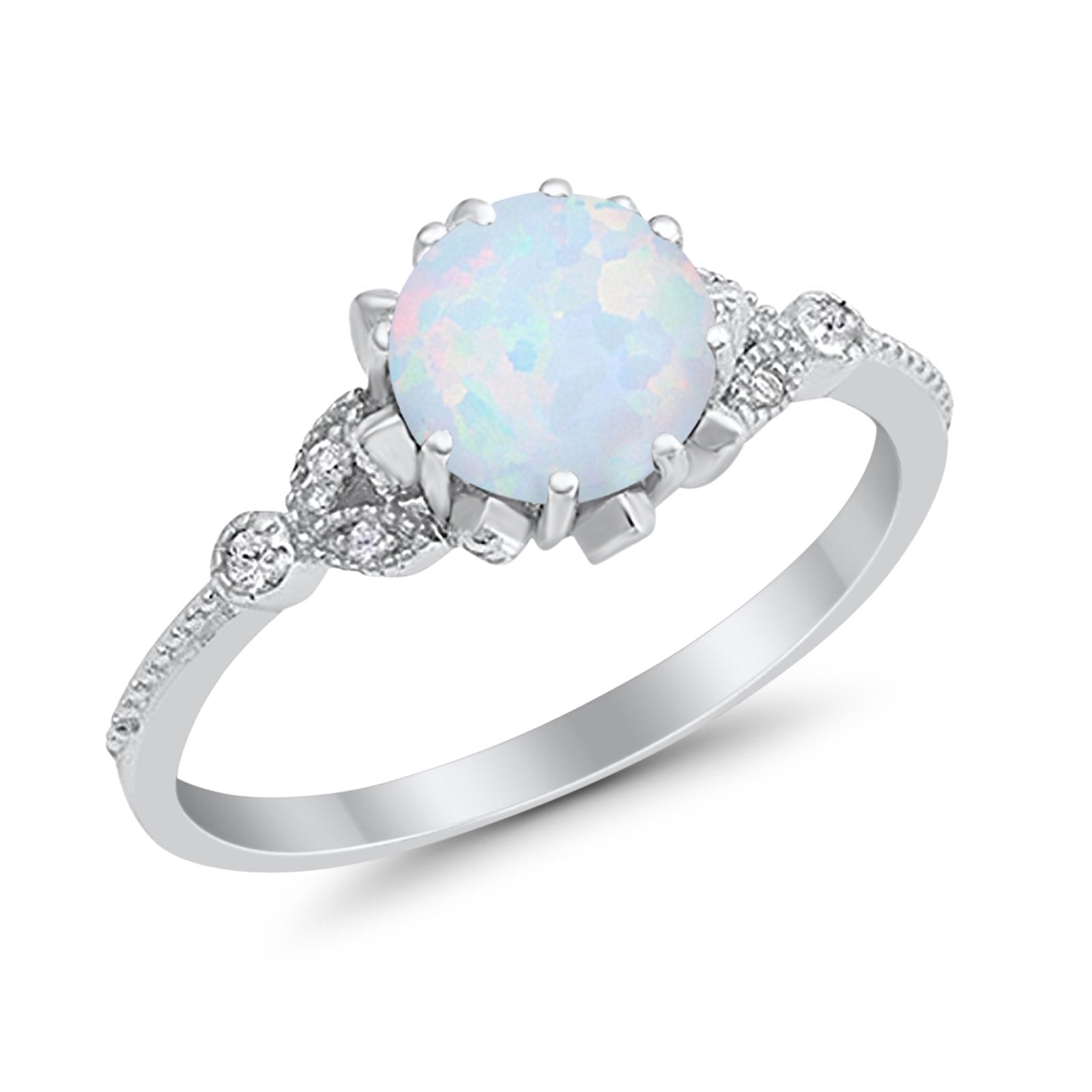 Art Deco Design Fashion Ring Lab Created White Opal 925 Sterling Silver