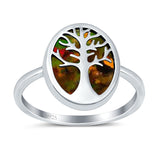 Oval Tree of Life Ring Lab Created Black Opal Rhodium Plated 925 Sterling Silver