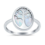 Oval Tree of Life Ring Lab Created White Opal Rhodium Plated 925 Sterling Silver