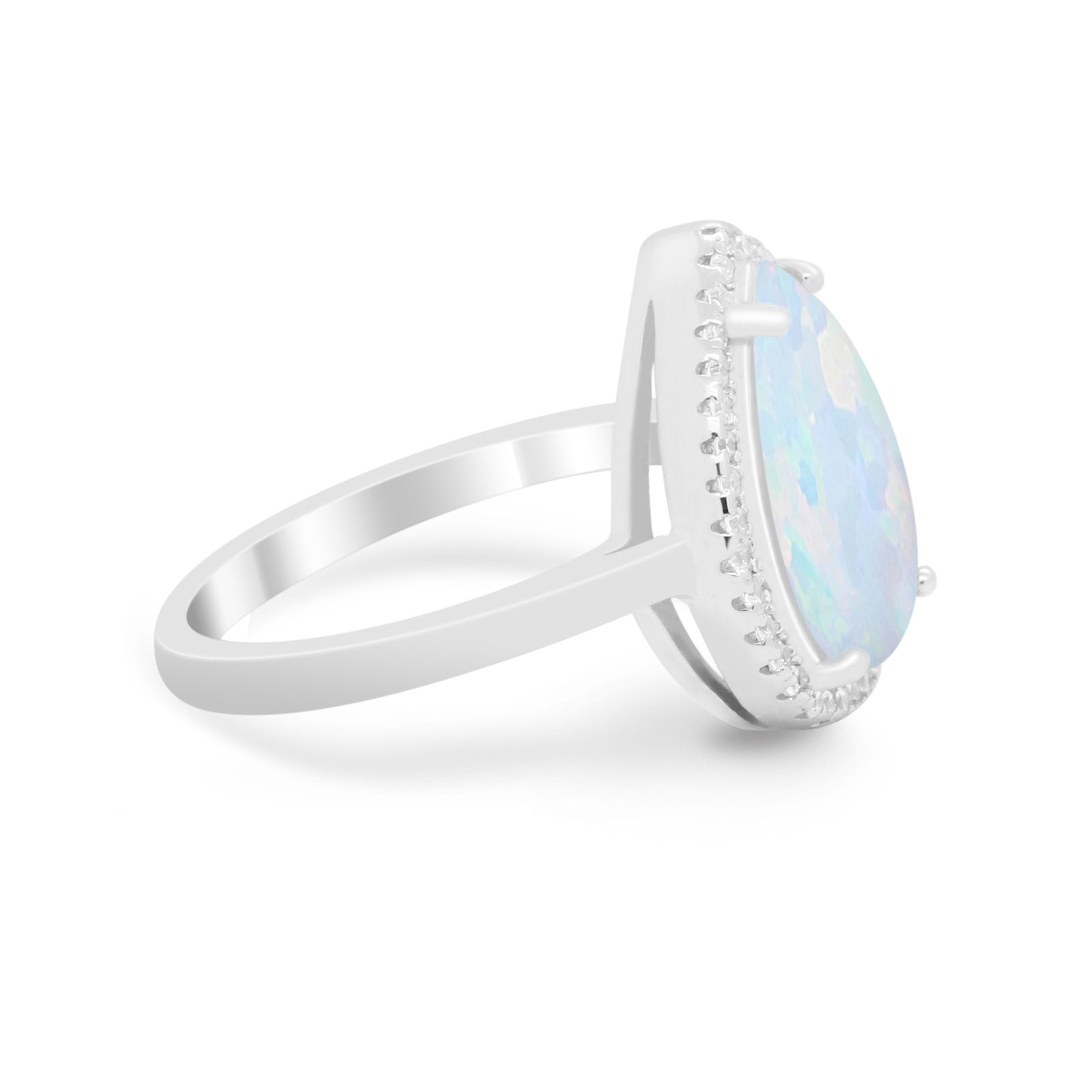 Halo Teardrop Wedding Ring Pear Round Lab Created White Opal 925 Sterling Silver
