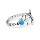 Twisted Rope Nautial Thumb Ring Lab Created Blue Opal Round 925 Sterling Silver
