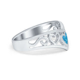 Created Blue Opal Heart Filigree Chevron Midi Thumb V Ring 925 Sterling Silver