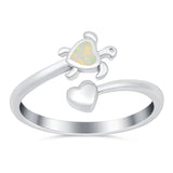 Turtle & Heart Ring Band Lab Created White Opal 925 Sterling Silver (10mm)