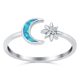 Moon & Star Ring Lab Created Blue Opal Simulated Cubic Zirconia 925 Sterling Silver