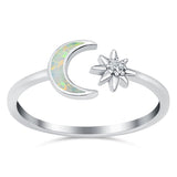 Moon & Star Ring Lab Created White Opal Simulated Cubic Zirconia 925 Sterling Silver