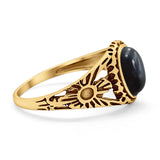 Antique Vintage Oval Yellow Tone, Simulated Black Onyx Ring Solid 925 Sterling Silver