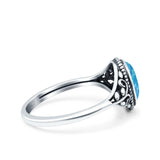 Vintage Style Oval Petite Dainty Ring Solid Oxidized Lab Created Blue Opal 925 Sterling Silver