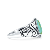 Filigree Vintage Style Lab Opal Ring Solid Oval Oxidized Simulated Turquoise 925 Sterling Silver
