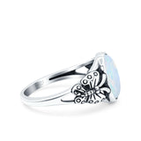 Petite Dainty Butterfly Lab Opal Ring Solid Oval Oxidized Lab Created White Opal 925 Sterling Silver