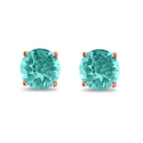 Butterfly Prong Round Casting Rose Tone, Simulated Paraiba Tourmlaline CZ Stud Earrings 925 Sterling Silver