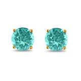 Butterfly Prong Round Casting Yellow Tone, Simulated Paraiba Tourmlaline CZ Stud Earrings 925 Sterling Silver