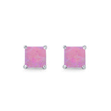 Halo Stud Earrings Princess Cut Lab Created Pink Opal 925 Sterling Silver 7mm