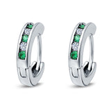 Eternity Huggie Hoop Earrings Channel Round Simulated Green Emerald Cubic Zirconia 925 Sterling Silver