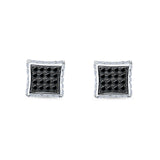 Square Hip Hop Stud Earrings Screwback Round Simulated Black CZ 925 Sterling Silver