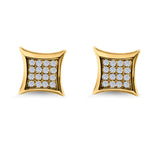 Square Hip Hop Iced Out Screwback Stud Earrings Yellow Tone, Simulated CZ 925 Sterling Silver
