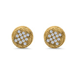 Round Stud Earrings Micro Pave Yellow Tone, Simulated CZ Screwback 925 Sterling Silver