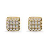 Square 3D Hip Hop Earrings Iced Out Yellow Tone, Simulated CZ Stud Screwback 925 Sterling Silver