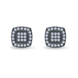 Square Cushion Shape Black Tone, Simulated CZ Stud Earrings Screw-Back Round Pave 925 Sterling Silver