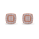 Square Cushion Shape Rose Tone, Simulated CZ Stud Earrings Screw-Back Round Pave 925 Sterling Silver