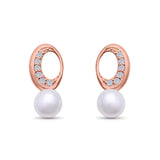 Circle Pearl Stud Earrings Rose Tone, Simulated CZ 925 Sterling Silver