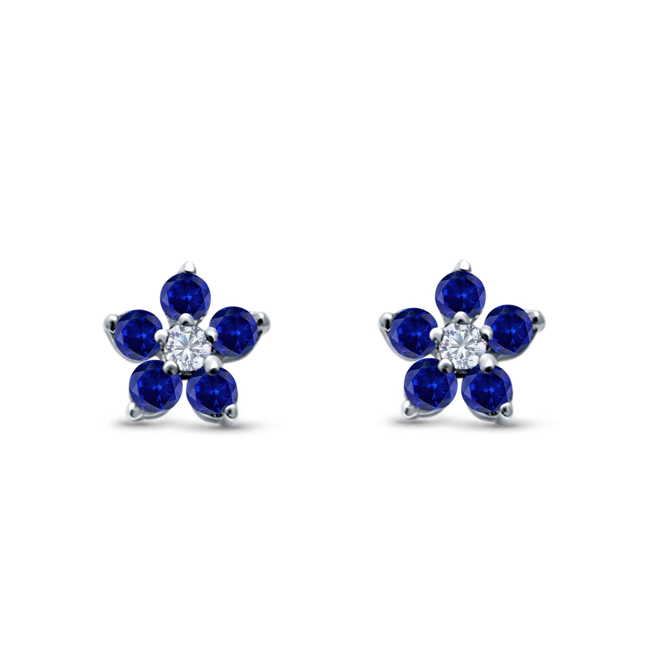 Cluster Flower Stud Earrings Round Simulated Blue Sapphire CZ 925 Ster