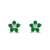 Cluster Flower Stud Earrings Round Simulated Green Emerald CZ 925 Sterling Silver