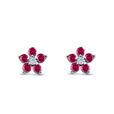 Cluster Flower Stud Earrings Round Simulated Ruby CZ 925 Sterling Silver