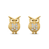 Lucky Owl Stud Earrings Round Pave Yellow Tone, Simulated CZ 925 Sterling Silver