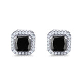 Halo Stud Earrings Wedding Princess Cut Simulated Black CZ Solid 925 Sterling Silver
