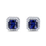 Halo Stud Earrings Wedding Princess Cut Simulated Blue Sapphire CZ Solid 925 Sterling Silver