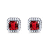 Halo Stud Earrings Wedding Princess Cut Simulated Ruby CZ Solid 925 Sterling Silver