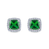 Cushion Cut Stud Earrings Simulated Green Emerald CZ 925 Sterling Silver