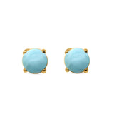 Round Solitaire Stud Earrings Yellow Tone, Natural Larimar 925 Sterling Silver 7mm