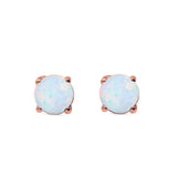 Round Solitaire Stud Earrings Rose Tone, Lab Created White Opal 925 Sterling Silver 7mm