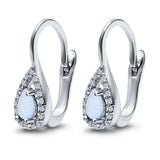 Halo Teardrop LeverBack Earrings Pear Lab Created White Opal 925 Sterling Silver