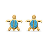 Turtle Stud Earrings Yellow Tone, Lab Created Blue Opal 925 Sterling Silver
