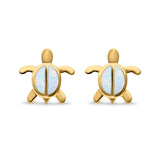 Turtle Stud Earrings Yellow Tone, Lab Created White Opal 925 Sterling Silver