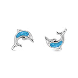 Dolphin Stud Earrings Lab Created Blue Opal 925 Sterling Silver