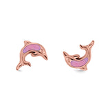 Dolphin Stud Earrings Rose Tone, Lab Created Pink Opal 925 Sterling Silver