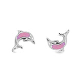 Dolphin Stud Earrings Lab Created Pink Opal 925 Sterling Silver