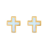 Cross Stud Earrings Yellow Tone, Lab Created White Opal 925 Sterling Silver