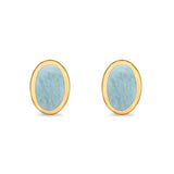 Solitaire Oval Stud Earrings Yellow Tone, Natural Larimar 925 Sterling Silver