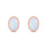 Solitaire Oval Stud Earrings Rose Tone, Lab Created White Opal 925 Sterling Silver