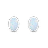 Solitaire Oval Stud Earrings Lab Created White Opal 925 Sterling Silver