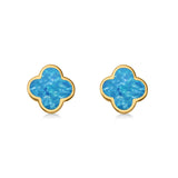 Clover Flower Stud Earring Yellow Tone, Lab Created Blue Opal 925 Sterling Silver (6.20mm)