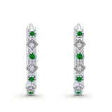 Art Deco Huggie Hoop Earrings Round Simulated Green Emerald CZ 925 Sterling Silver (18mm)