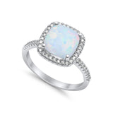 Halo Cushion Engagement Ring Lab Created White Opal 925 Sterling Silver